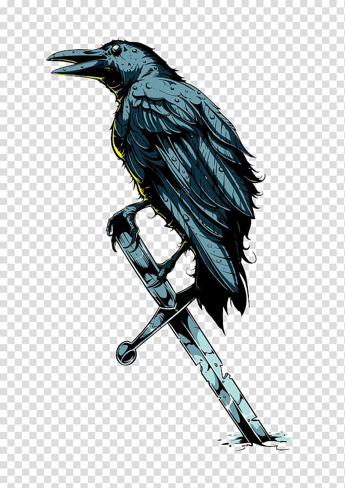 blue and black crow illustration, T-shirt Crows Poster Illustration, Crow on the sword transparent background PNG clipart