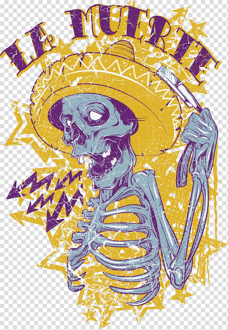 skeleton wearing mexican hat illustraton, T-shirt Calavera Death Day of the Dead, Printed skull skeleton transparent background PNG clipart