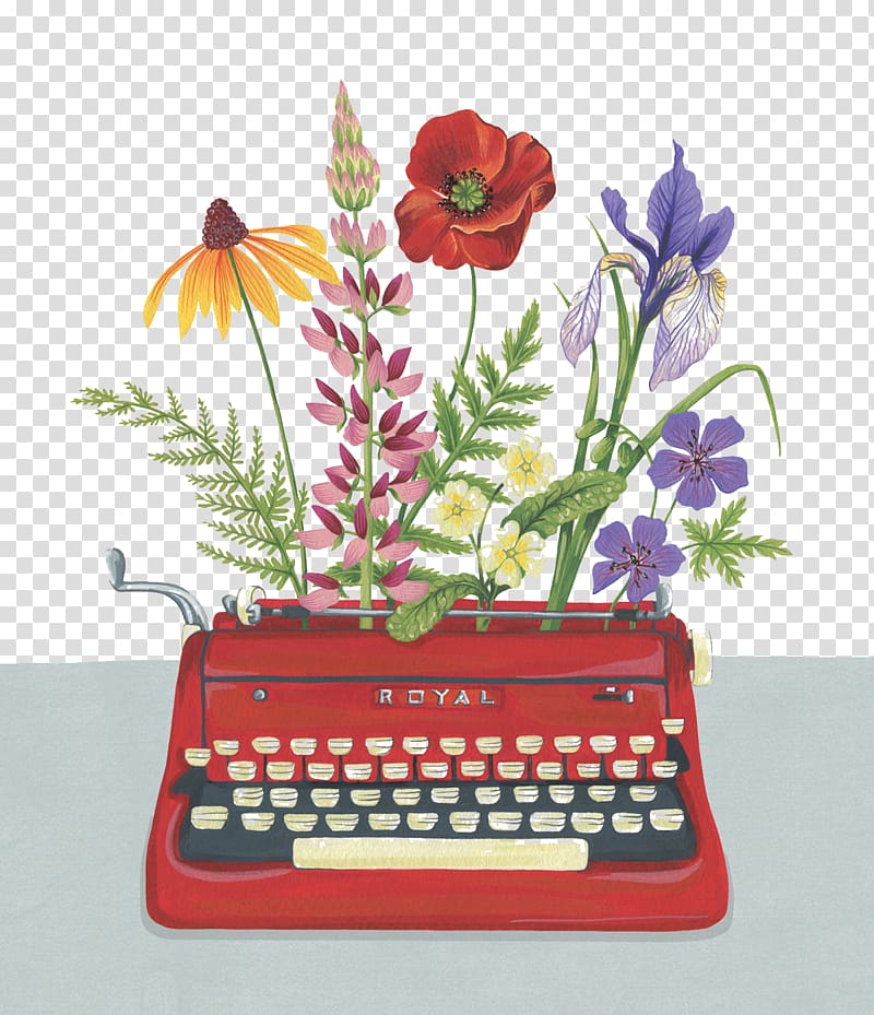 several flowers on red Royal typewriter, Hand-painted flowers typewriter Figure transparent background PNG clipart