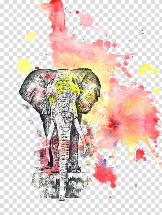 elephant illustration, Watercolor: Flowers Watercolor painting Printmaking Elephant, Watercolor Elephant transparent background PNG clipart