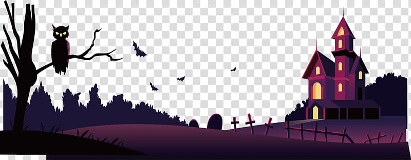 owl on the tree near purple house Halloween themed , Halloween, Halloween banner transparent background PNG clipart