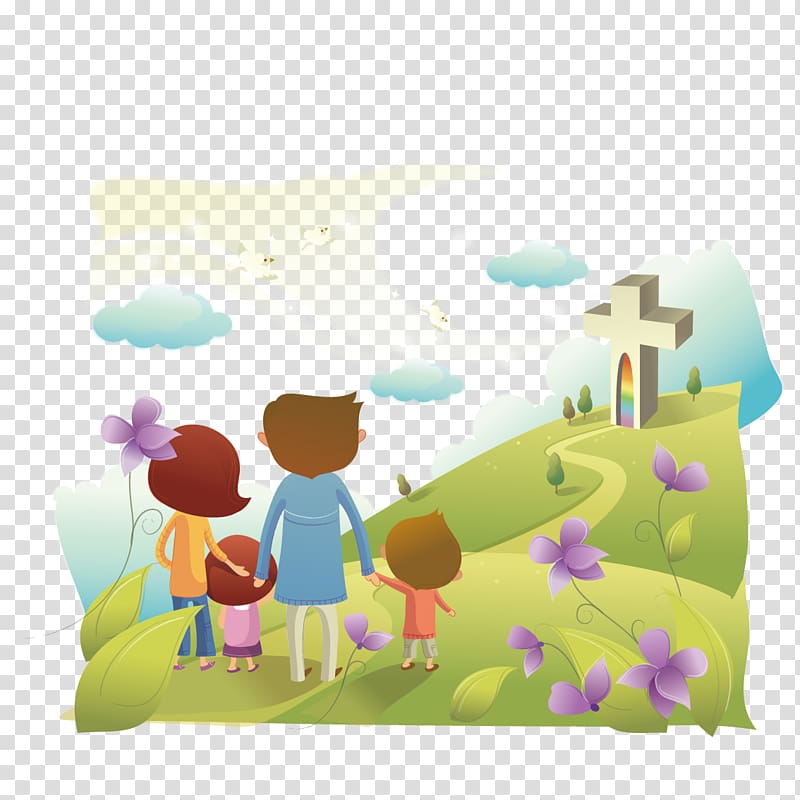 Christian cross Cartoon Illustration, The family went to the cross transparent background PNG clipart