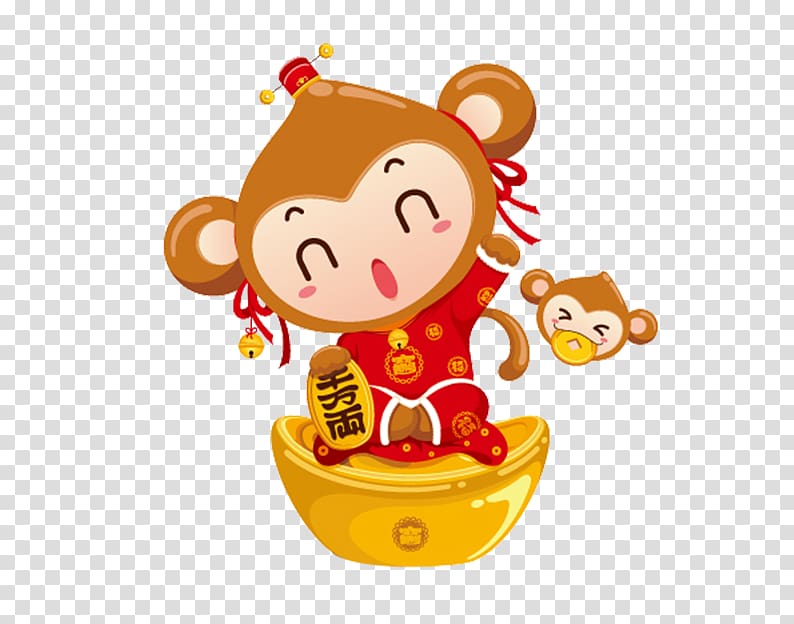Monkey Cartoon, Monkey sitting on a gold ingot transparent background PNG clipart