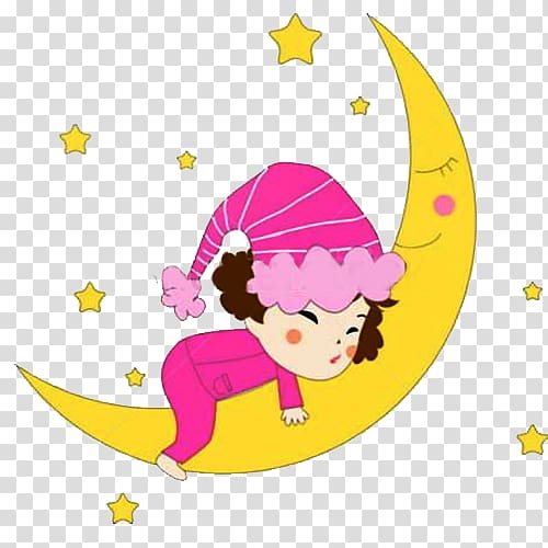 Sleep Illustration, Cartoon hanging on the moon to sleep little girl transparent background PNG clipart
