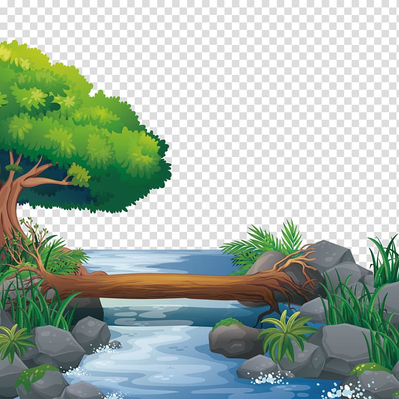 tree trunk over river illustration, Nature Illustration, river water transparent background PNG clipart