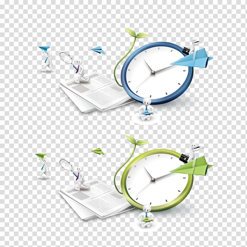 two green and blue analog clocks, Cartoon Illustration, Time and people transparent background PNG clipart