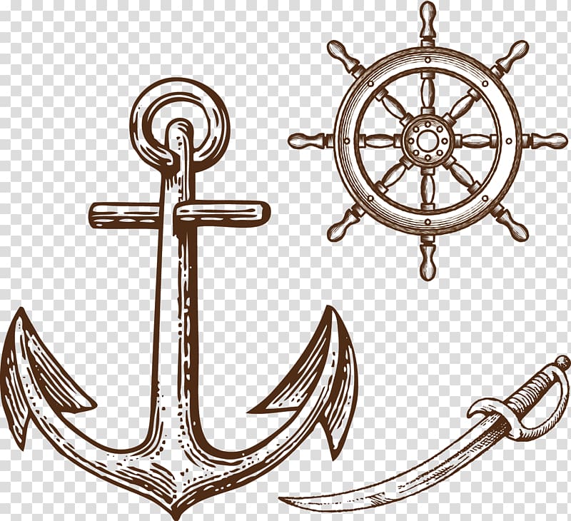 brown ship anchor and wheel , Drawing Illustration, pirate ship material transparent background PNG clipart
