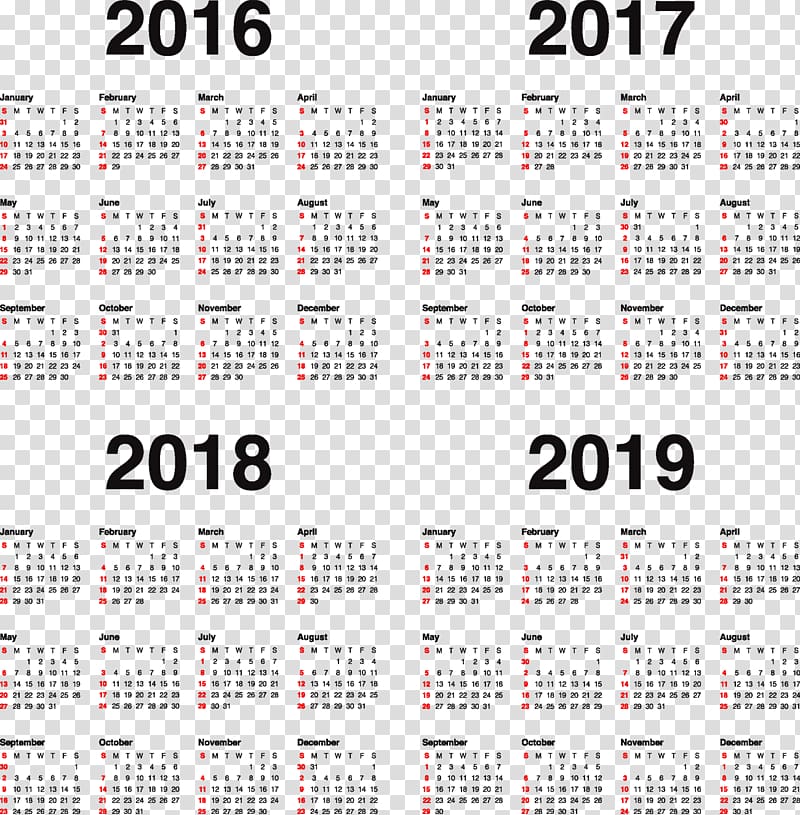 2016, 2017, 2018, 2019 calendar, Calendar Adobe Illustrator, calendar transparent background PNG clipart