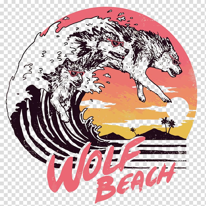 Wolf Beach logo, T-shirt Hoodie Gray wolf Beach, waves a wolf transparent background PNG clipart