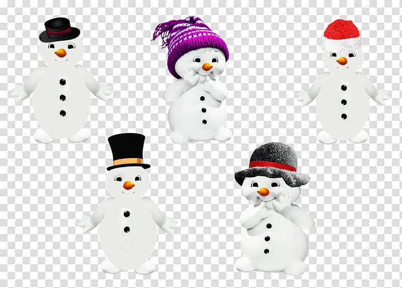 five snowman illustrations, Winter Collection Of Snowmen transparent background PNG clipart
