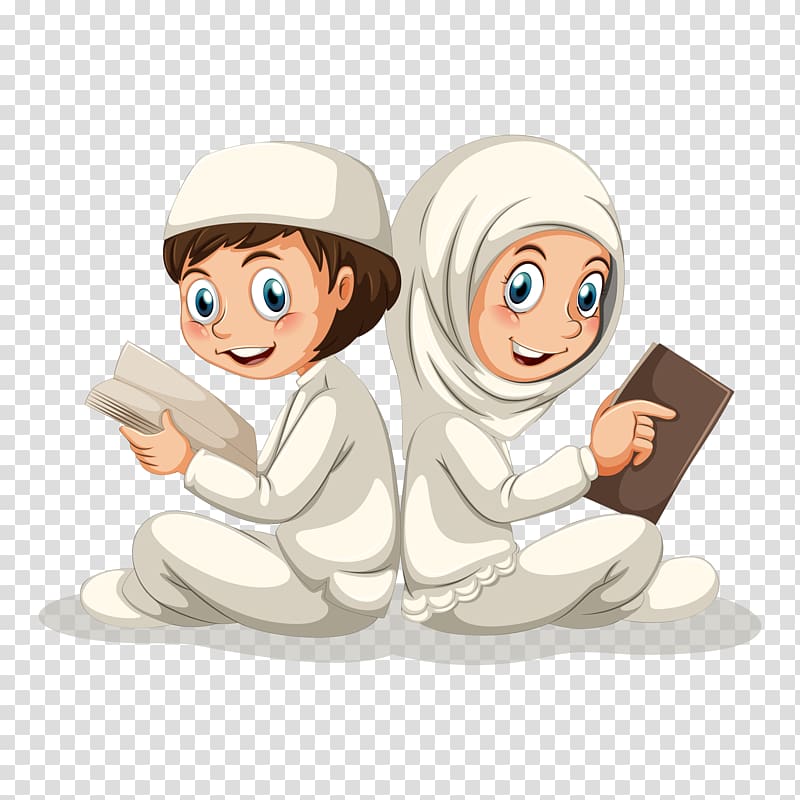 Quran Muslim Islam Illustration, A illustration of the Muslim figure reading the Quran, boy and girl illustration transparent background PNG clipart