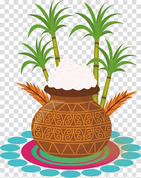 Thai Pongal Wedding invitation Wish Happiness Greeting card, painted a jar filled with rice transparent background PNG clipart