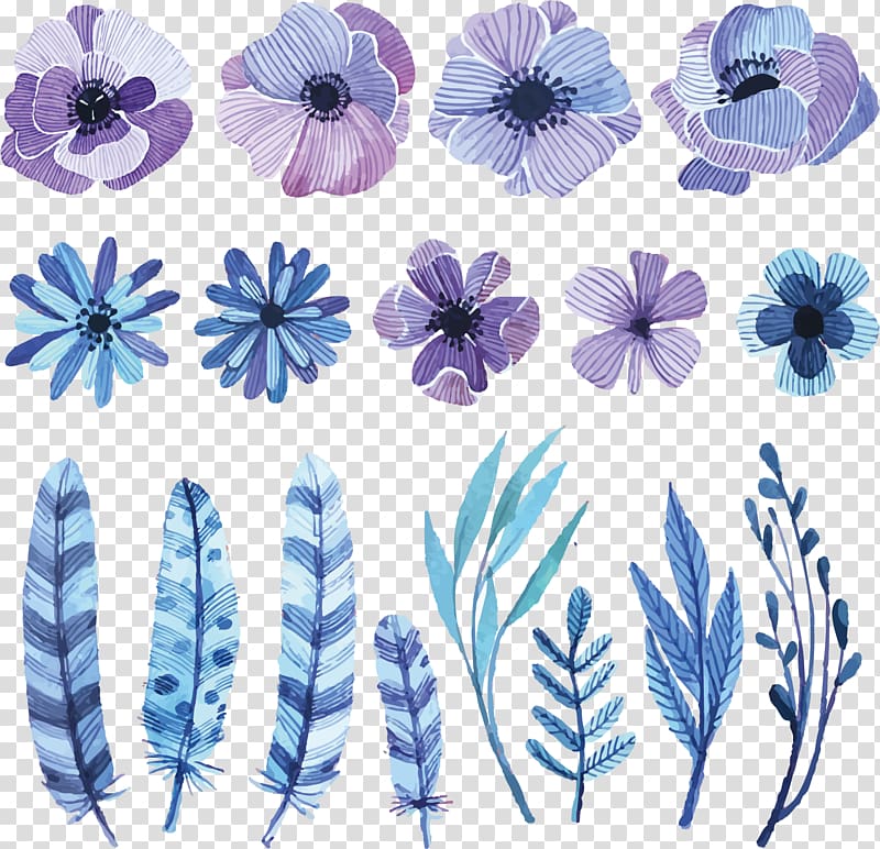 Flower Watercolor painting Drawing Sketch, watercolor flowers, purple, white, and black flower and feather illustrations transparent background PNG clipart