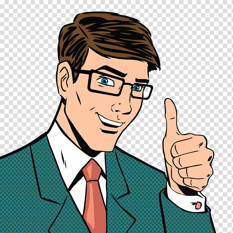 man wearing green suit jacket showing thumbs up illustration, Pop art Comics Illustration, A thumbs up man transparent background PNG clipart