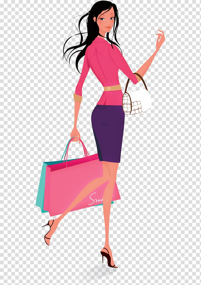 Woman in pink long-sleeved shirt and purple skirt holding paper bag ...