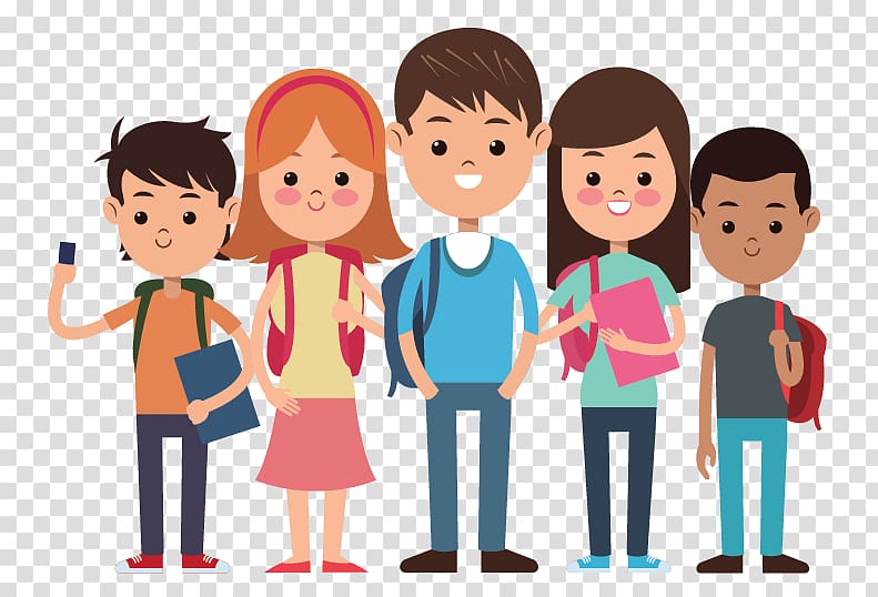 two girls and three boys with bakcpacks, School Student Teacher, student transparent background PNG clipart