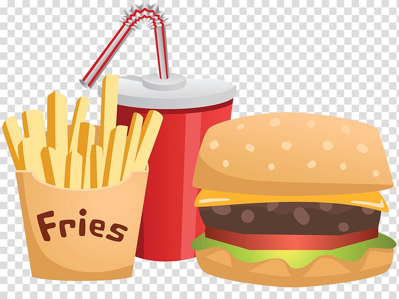 fries with burger and soda illustration, Hamburger Cheeseburger Fast food Junk food French fries, High calorie junk food transparent background PNG clipart