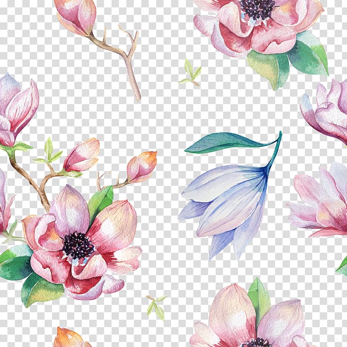 pink and purple flowers pattern, Watercolor painting Magnolia Flower Drawing, flower transparent background PNG clipart