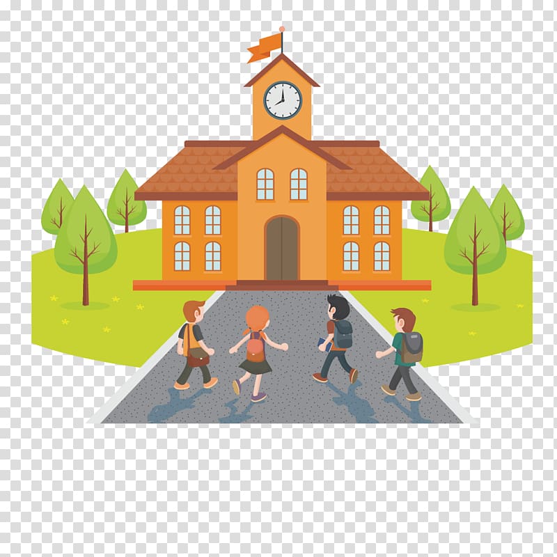 children walking and facing in front of school , Student School Cartoon Illustration, School story transparent background PNG clipart