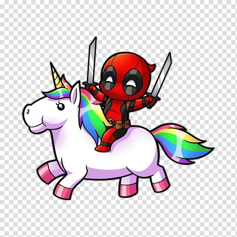 Deadpool riding on Rainbow Dash illustration, Deadpool T-shirt Spider-Man Fan art Unicorn, unicornio transparent background PNG clipart