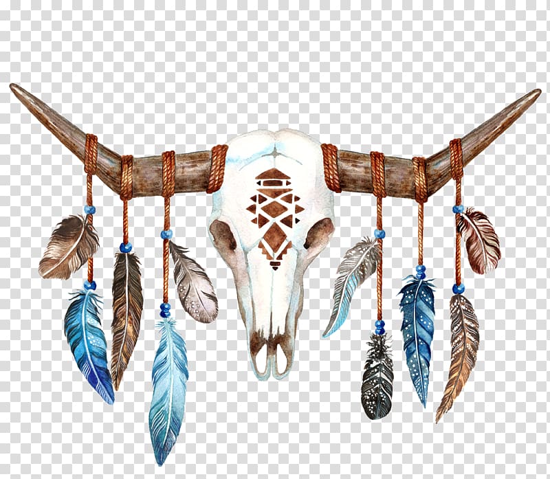 white animal skeleton with hanging feathers illustration, Texas Longhorn Skull Bull Boho-chic, Sheep skull transparent background PNG clipart