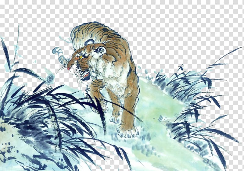 Tiger Ink wash painting Chinese painting, Tiger Painting transparent background PNG clipart
