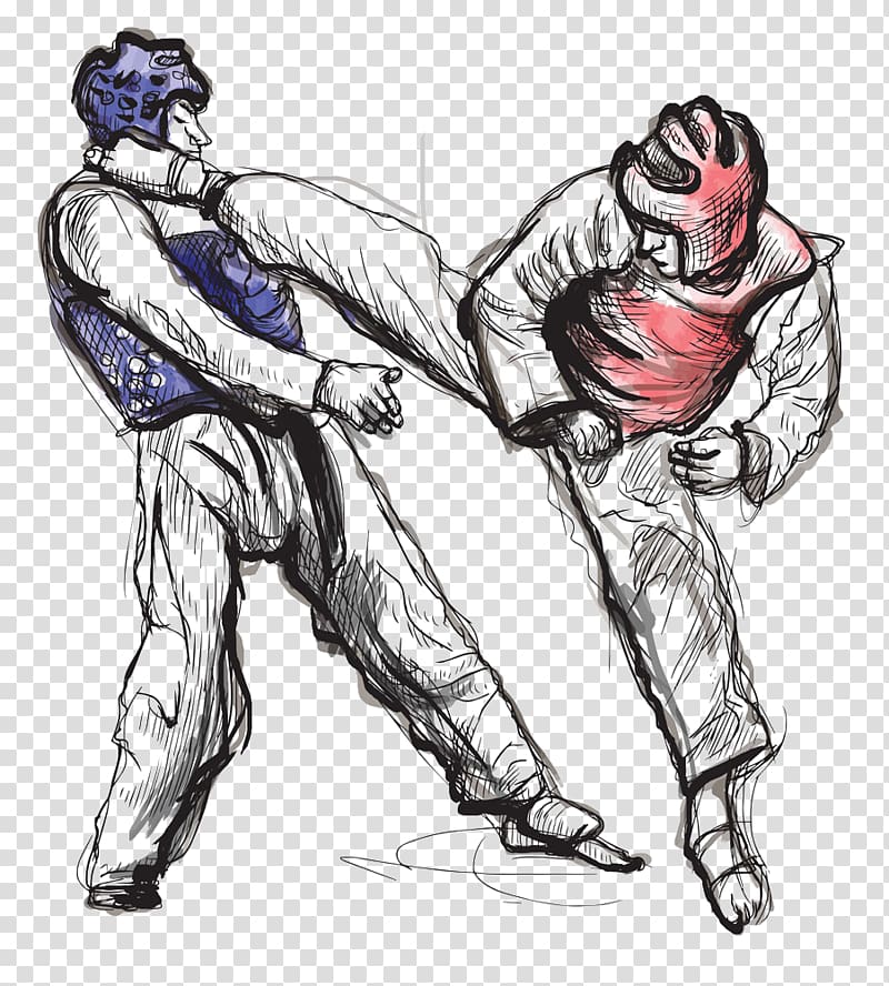 red Taekwondo player kicking blue opponent, Taekwondo Drawing Illustration, Hand-painted Fight transparent background PNG clipart