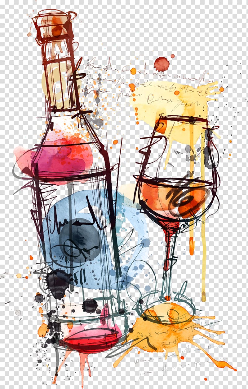Red Wine Bottle Rosé , Watercolor wine glass and bottle Pino, liquor bottle and wine glass artwork transparent background PNG clipart