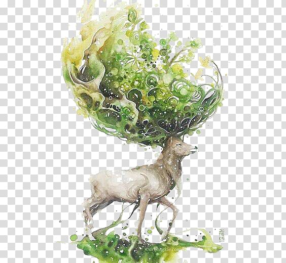 white deer with green plants on head illustration, Watercolor painting Watercolor: Animals Drawing Artist, deer transparent background PNG clipart