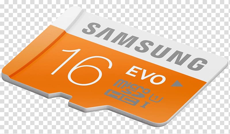 orange and gray Samsung 16 GB memory card against blue background, Memory card MicroSD Secure Digital Computer data storage xD- Card, Samsung Memory Card transparent background PNG clipart