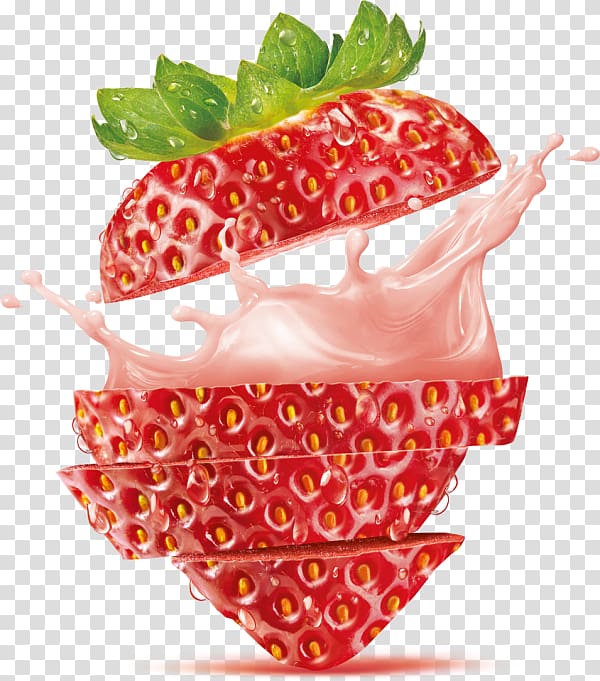 sliced strawberry fruit, Strawberry juice Fruit, fruit splash transparent background PNG clipart