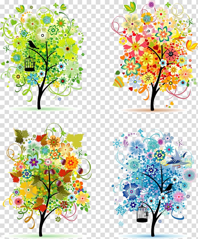 green and blue floral trees collage illustration, Four Seasons Hotels and Resorts Euclidean , four seasons blooms transparent background PNG clipart