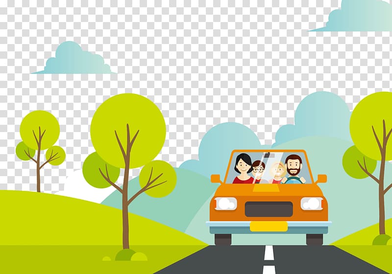 family riding vehicle on road illustration, Cartoon Vacation Family Illustration, Family travel transparent background PNG clipart