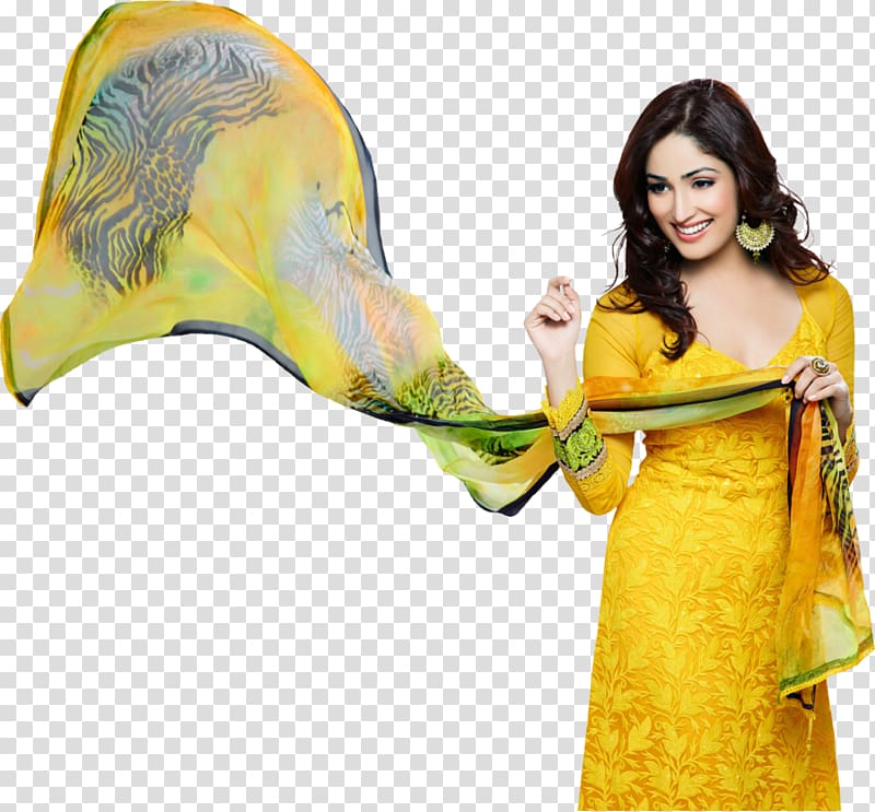 smiling woman wearing yellow and green dress with shawl, Shalwar kameez Bollywood Suit Model Clothing, bollywood transparent background PNG clipart