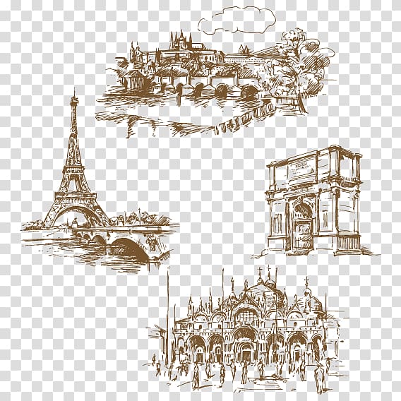 Eiffel Tower, Paris illustration, Paris Pisa Drawing Travel Illustration, Famous foreign buildings artwork transparent background PNG clipart