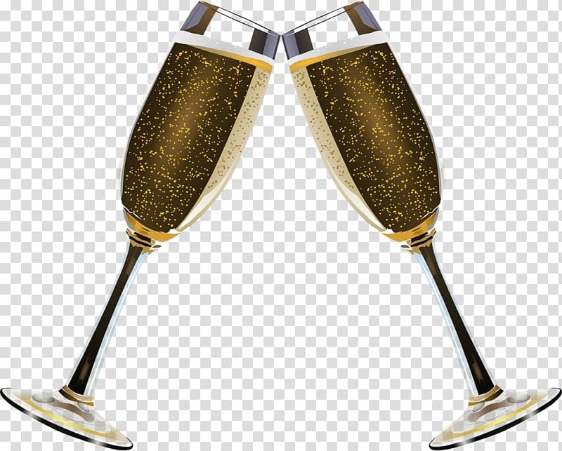 two champagne flutes with yellow liquid content, New Years Eve Champagne transparent background PNG clipart