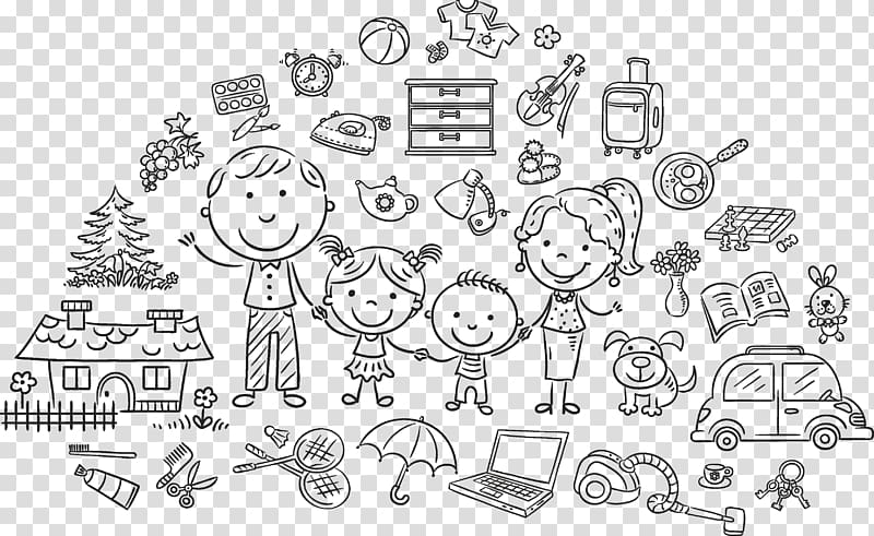 family and assorted objects illustration, Family Drawing Illustration, Cute cartoon children painted design material transparent background PNG clipart