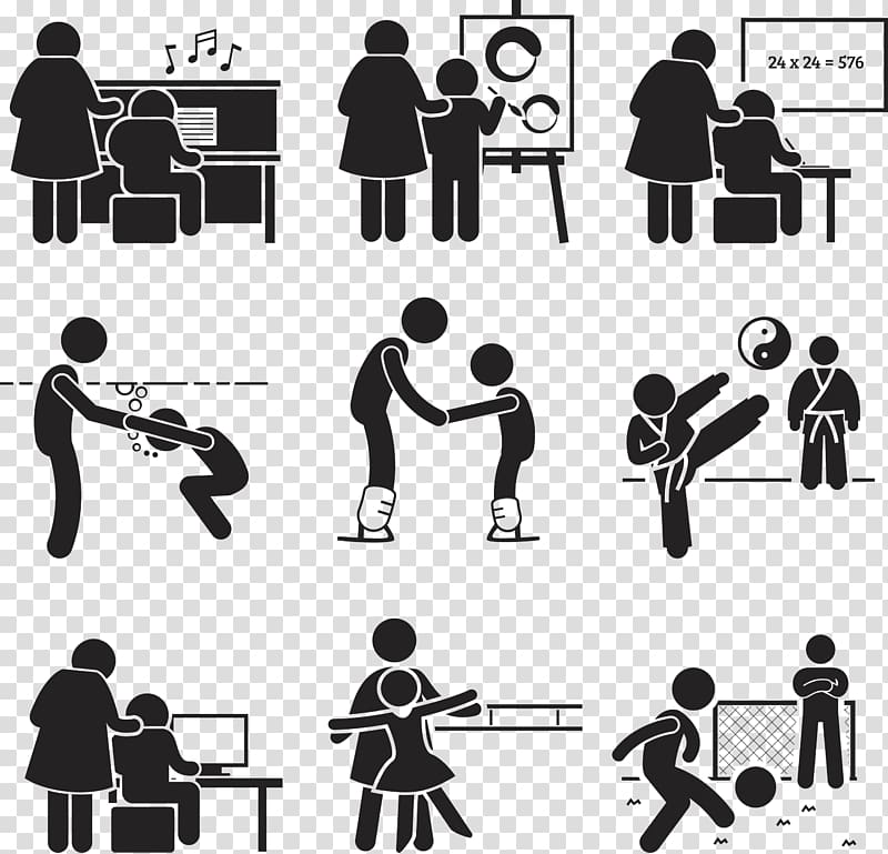 Student Pictogram Learning Lesson, Black and white silhouette figures transparent background PNG clipart