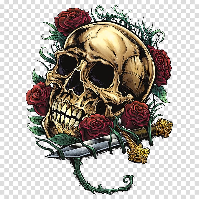 skull with red rose and knife illustration, Human skull symbolism Rose Bone Calvaria, skull transparent background PNG clipart
