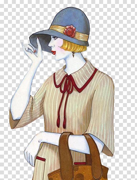 Paris 1920s Art Deco Painting Style, Hat girl transparent background PNG clipart