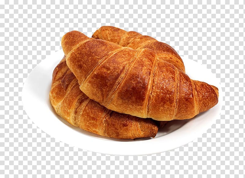 breads on white plate, Croissant Bakery Pain au chocolat Danish pastry Breakfast, A plate of croissants transparent background PNG clipart