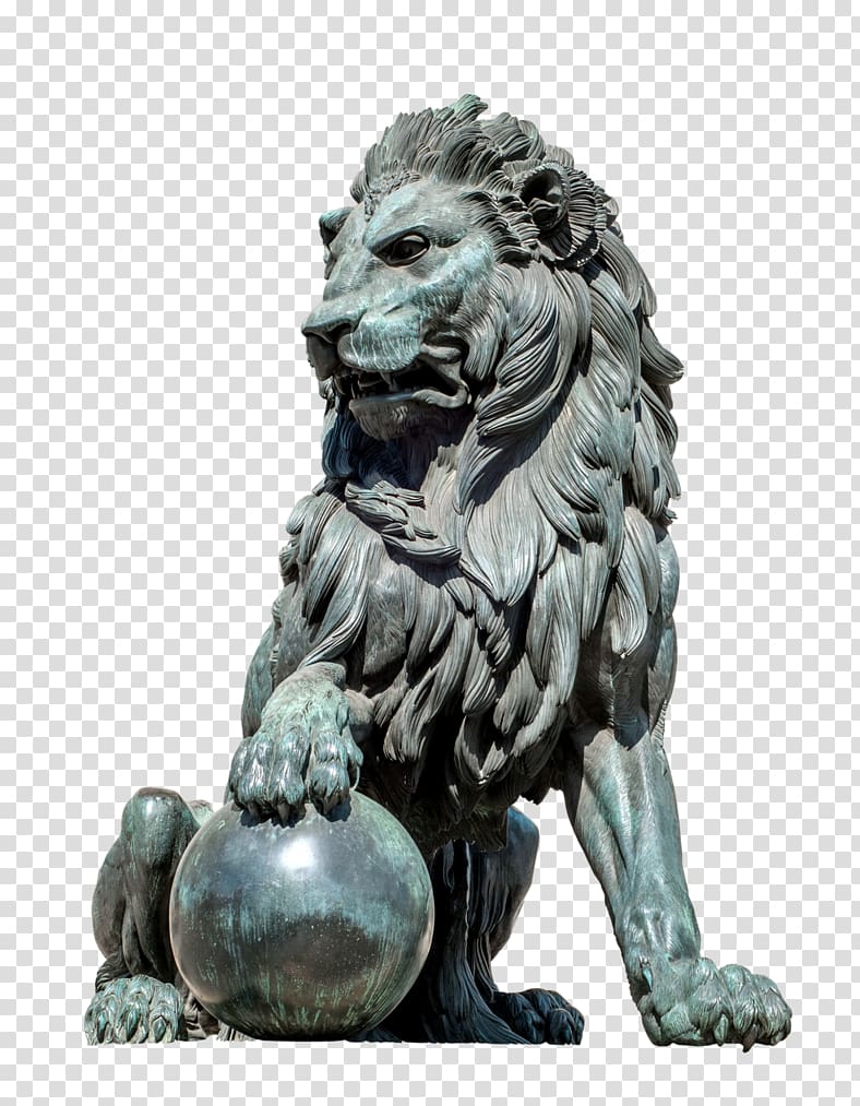 gray lion with hand on sphere concrete statuette, Lion Lucille Ball Stone sculpture, lion transparent background PNG clipart