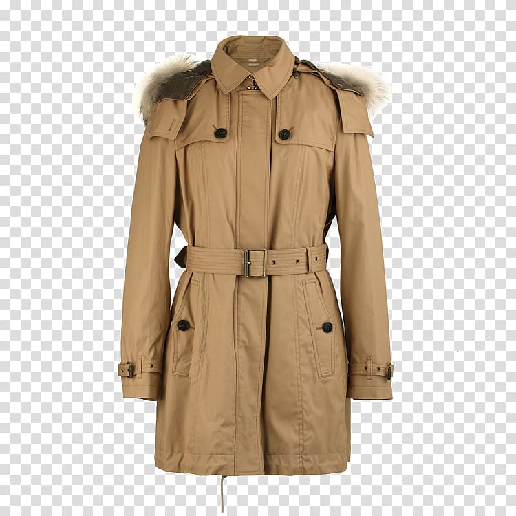 Trench coat Burberry Jacket Sleeve, Autumn and winter cotton burr hooded coat lapel waist transparent background PNG clipart