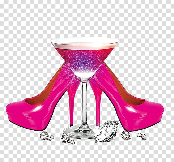 martini glass between pair of pink stiletto pumps, Cocktail Wine Bar Poster, Red wine with high heels transparent background PNG clipart