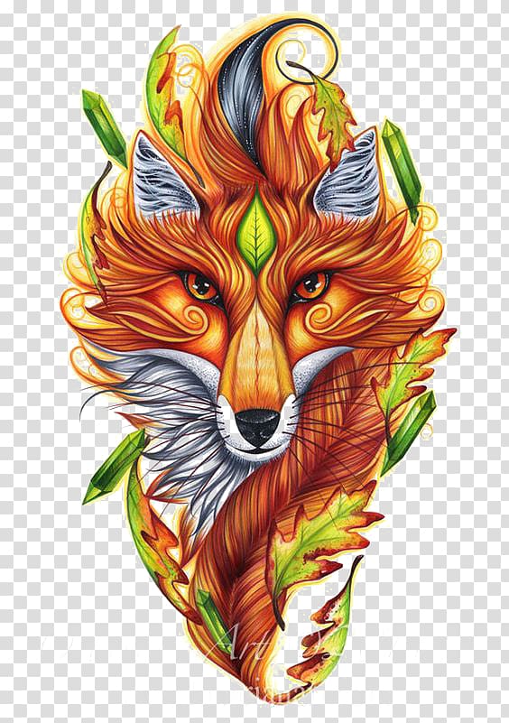 brown, orange, and green fox , Fox Drawing Magic Symbol Art, Hand-painted fox transparent background PNG clipart