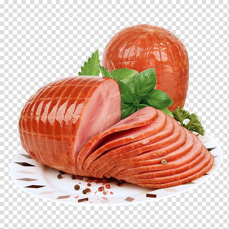 two hams on round plate illustration, Lorne sausage Hot dog Hamburger, Sliced ​​sausage transparent background PNG clipart