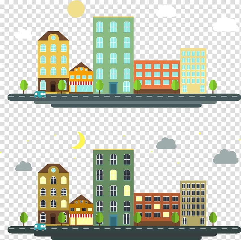 illustration of buildings during day and during night collage, Apartment House Gratis, daytime Night Apartment transparent background PNG clipart