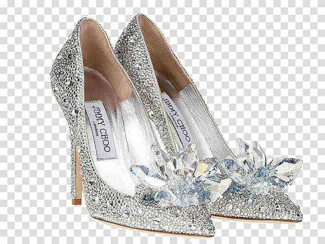 pair of silver Jimmy Choo pumps, Slipper Cinderella Shoe High-heeled footwear Designer, Choo diamond silver high heels transparent background PNG clipart