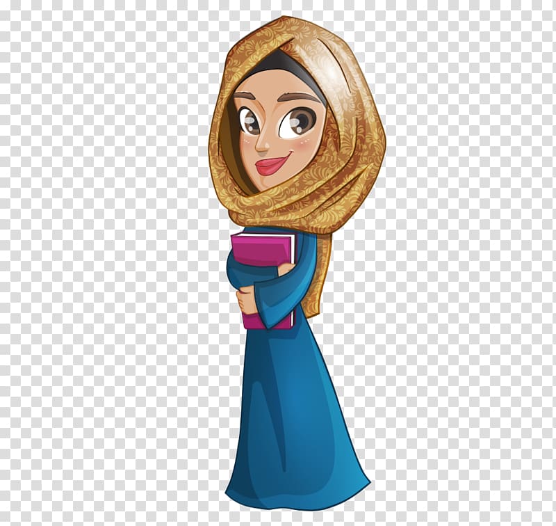 woman wearing blue dress and beige hijab illustration, Muslim Girl Islam , Cartoon painted Arab Muslim woman hold book transparent background PNG clipart
