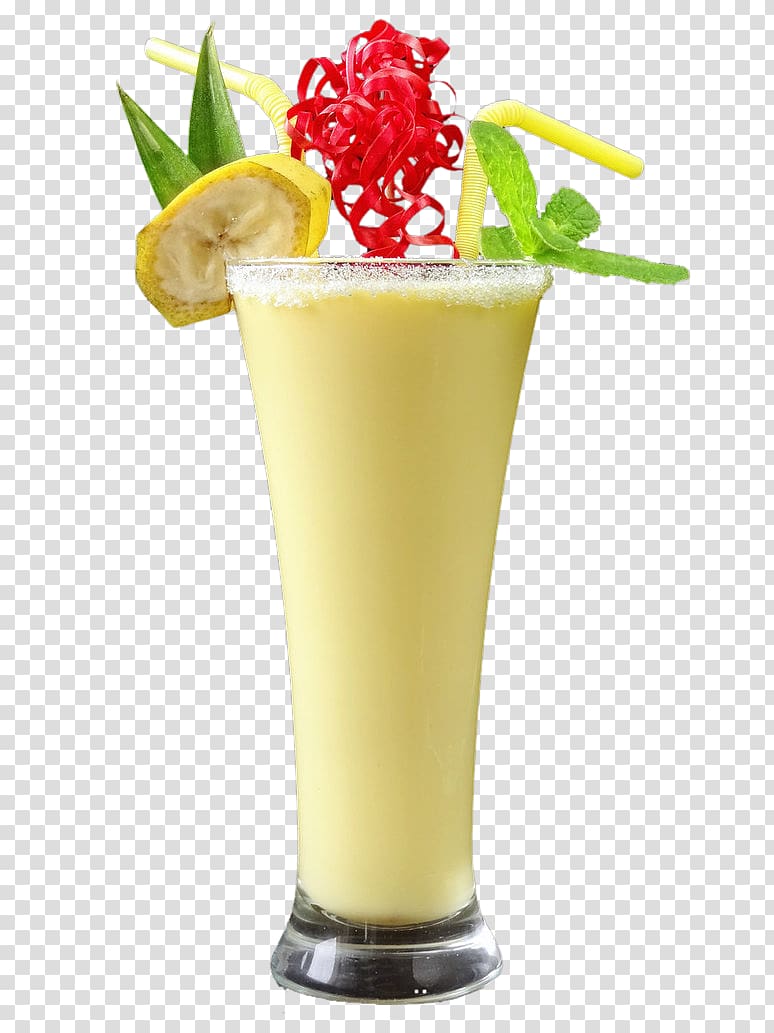 glass of fruit juice with slice banana, Juice Milkshake Cocktail garnish, Free Banana drink pull material transparent background PNG clipart